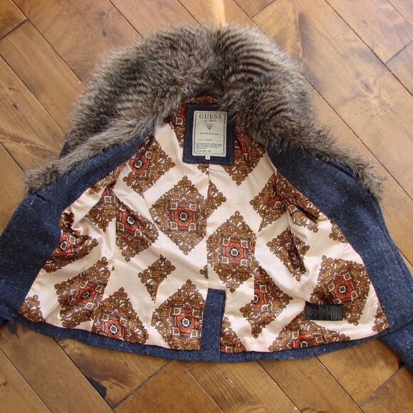 Vintage Y2K Jacket Blazer Guess Wool Blend Faux Fur Detachable Collar NWOT NEW - Picture 12 of 16